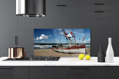 Painel vidro cozinha Paisagem de barco de praia e mar