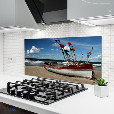 Painel vidro cozinha Paisagem de barco de praia e mar