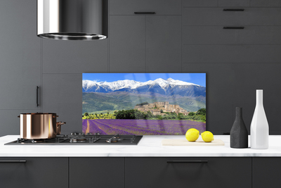 Painel vidro cozinha Paisagem de montanhas e flores de prado