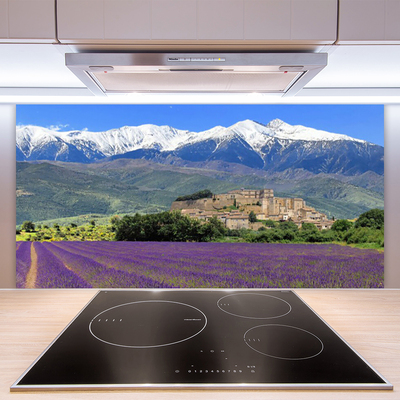 Painel vidro cozinha Paisagem de montanhas e flores de prado