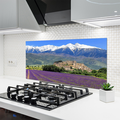 Painel vidro cozinha Paisagem de montanhas e flores de prado