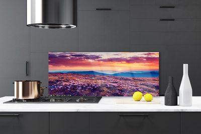 Painel vidro cozinha Prado Montanha Flores Natureza