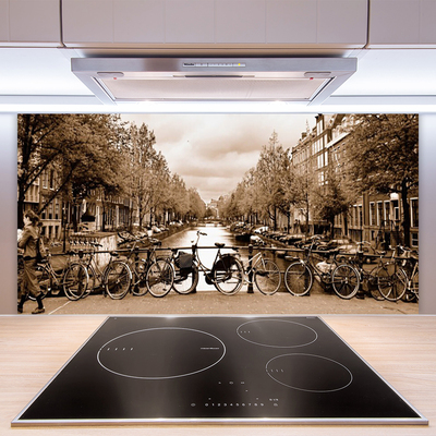 Painel vidro cozinha Rio Bicicleta Árvores Paisagem
