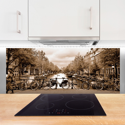 Painel vidro cozinha Rio Bicicleta Árvores Paisagem