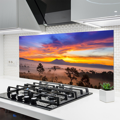 Painel vidro cozinha Paisagem de árvores e neblina