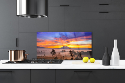 Painel vidro cozinha Paisagem de árvores e neblina