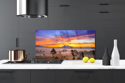 Painel vidro cozinha Paisagem de árvores e neblina