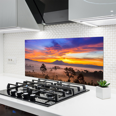Painel vidro cozinha Paisagem de árvores e neblina