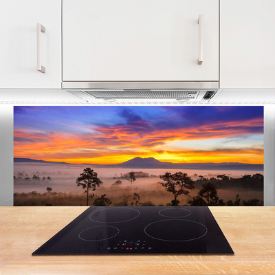 Painel vidro cozinha Paisagem de árvores e neblina