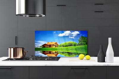 Painel vidro cozinha Casa Lago Grama Natureza