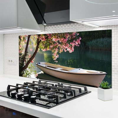Painel vidro cozinha Paisagem de barco e árvore