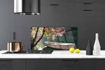 Painel vidro cozinha Paisagem de barco e árvore