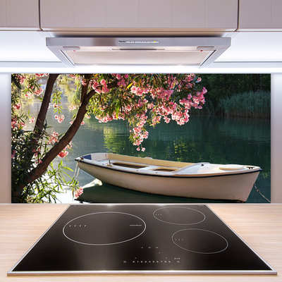 Painel vidro cozinha Paisagem de barco e árvore