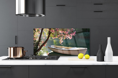 Painel vidro cozinha Paisagem de barco e árvore