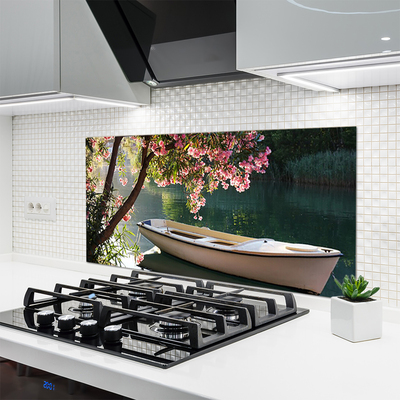 Painel vidro cozinha Paisagem de barco e árvore
