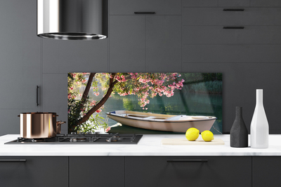 Painel vidro cozinha Paisagem de barco e árvore