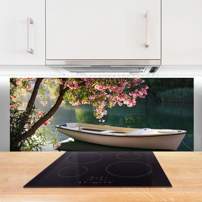 Painel vidro cozinha Paisagem de barco e árvore