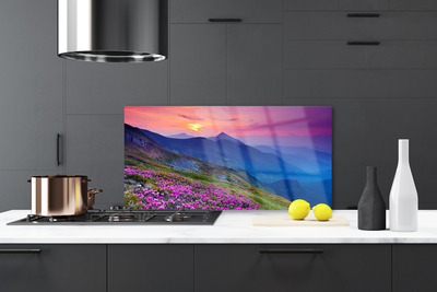 Painel vidro cozinha Montanhas Prado Flores Paisagem