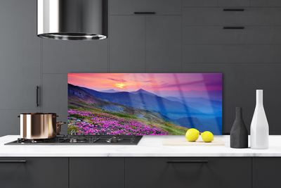 Painel vidro cozinha Montanhas Prado Flores Paisagem