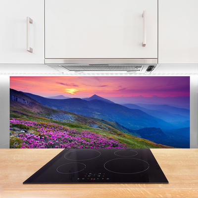 Painel vidro cozinha Montanhas Prado Flores Paisagem