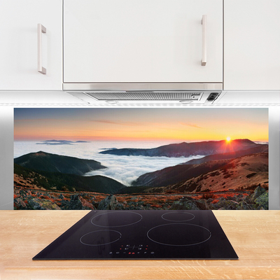 Painel vidro cozinha Montanhas Nuvens Sol Paisagem