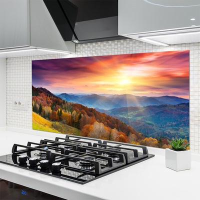 Painel cozinha Paisagem de montanha, floresta e sol