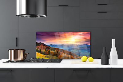 Painel cozinha Paisagem de montanha, floresta e sol