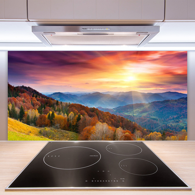 Painel cozinha Paisagem de montanha, floresta e sol