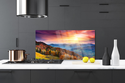 Painel cozinha Paisagem de montanha, floresta e sol