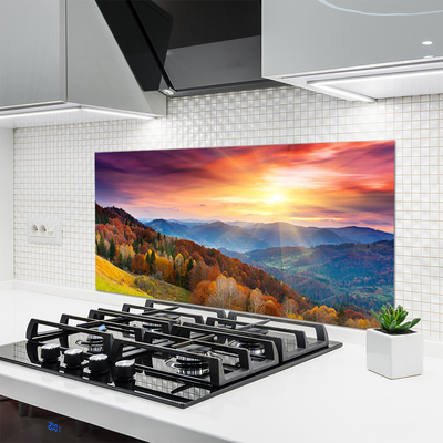 Painel cozinha Paisagem de montanha, floresta e sol
