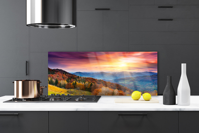 Painel cozinha Paisagem de montanha, floresta e sol