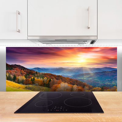 Painel cozinha Paisagem de montanha, floresta e sol