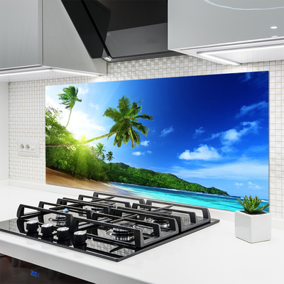 Painel vidro cozinha Paisagem de praia, mar e palmeiras