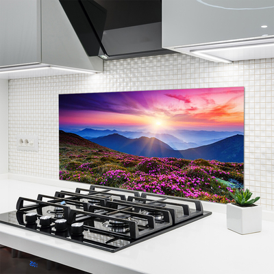 Painel vidro cozinha Paisagem de sol em prado de montanha