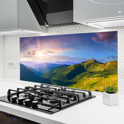 Painel vidro cozinha Paisagem de sol em prado de montanha