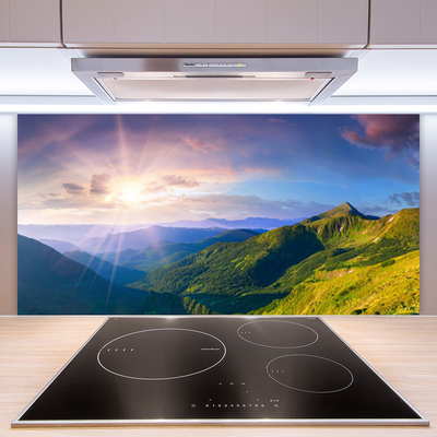 Painel vidro cozinha Paisagem de sol em prado de montanha