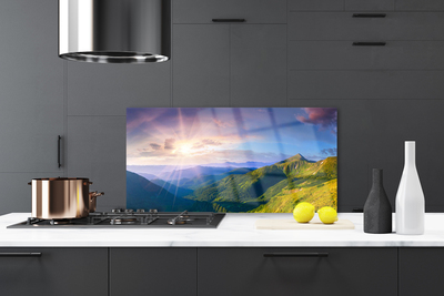 Painel vidro cozinha Paisagem de sol em prado de montanha