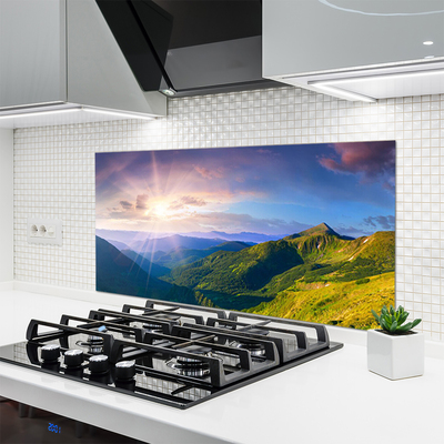 Painel vidro cozinha Paisagem de sol em prado de montanha