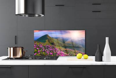 Painel vidro cozinha Montanhas Prado Flores Paisagem