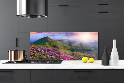 Painel vidro cozinha Montanhas Prado Flores Paisagem