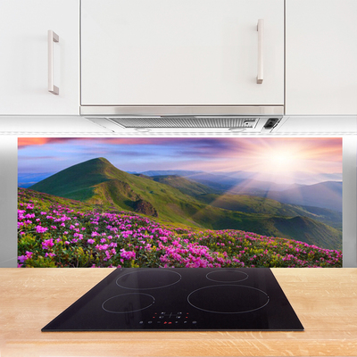 Painel vidro cozinha Montanhas Prado Flores Paisagem