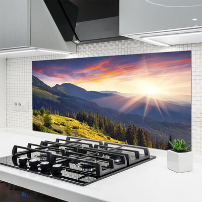Painel vidro cozinha Paisagem de montanha, floresta e sol