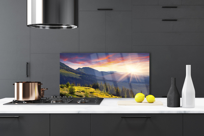 Painel vidro cozinha Paisagem de montanha, floresta e sol