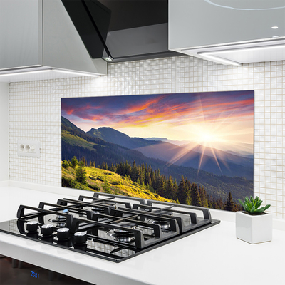 Painel vidro cozinha Paisagem de montanha, floresta e sol