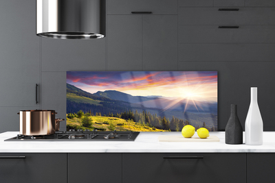 Painel vidro cozinha Paisagem de montanha, floresta e sol