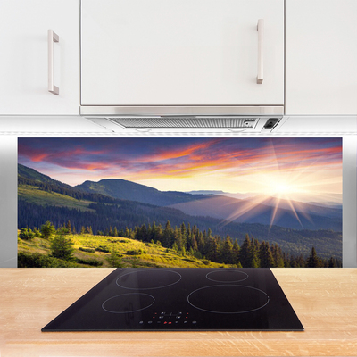Painel vidro cozinha Paisagem de montanha, floresta e sol