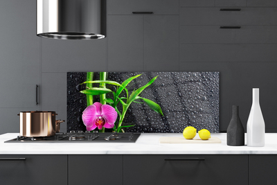 Painel vidro cozinha Gotas de flores de bambu