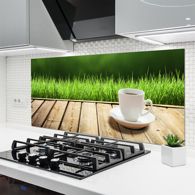 Painel vidro cozinha Caneca de Grama Natureza Madeira