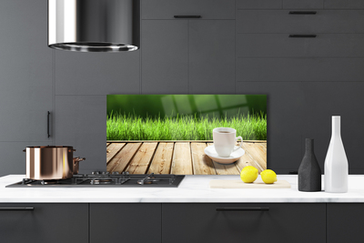 Painel vidro cozinha Caneca de Grama Natureza Madeira