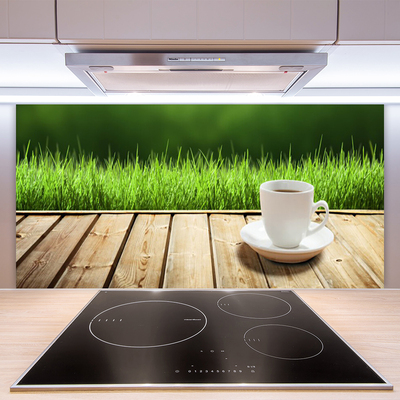 Painel vidro cozinha Caneca de Grama Natureza Madeira